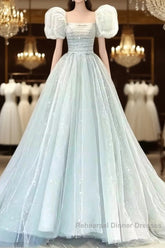 Pretty Ball Gown Square Neckline Short Sleeves Long Evening Party Dress Semi Formal Prom Dresses